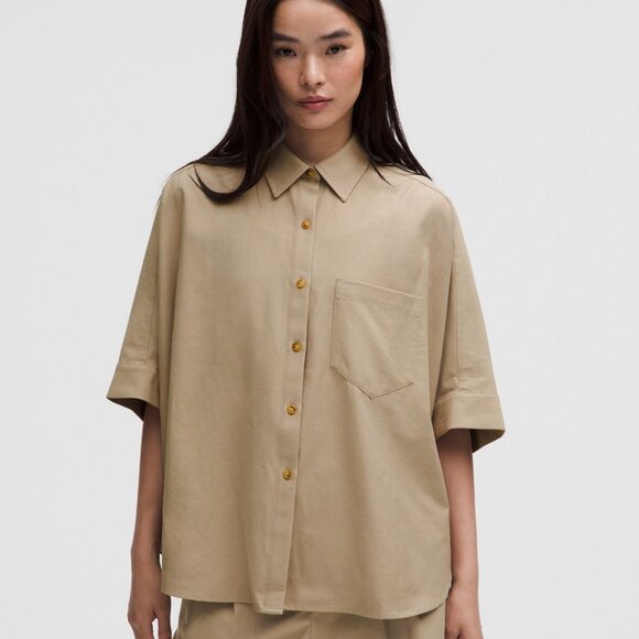 LuluLinen Relaxed Button-Up Sheer Oak - Picture 1 of 5